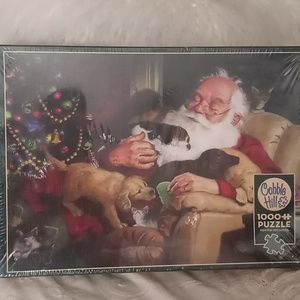 Cobble Hill Sleeping Santa w/Dogs and Cats 1000 pc. Puzzle w/Bonus Poster